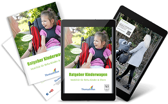 Mockup Ratgeber Kinderwagen zur Mobilität für Reha-Kinder und Eltern, gezeigt als Broschüre und auf Tablets, Marke Thomashilfen.