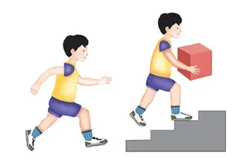 Illustration GMFCS Stufe I: Kind läuft frei ohne Einschränkungen, trägt eine Box und steigt eine Treppe hinauf