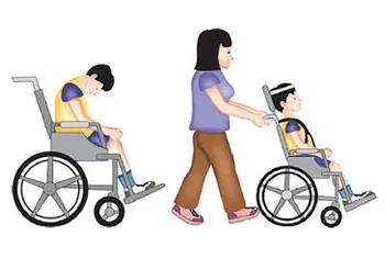 Illustration GMFCS Stufe V: Kind sitzt in Rollstuhl mit Kopf- und Körperstütze, wird von Betreuungsperson geschoben.