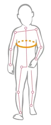 Illustration zur Messung des Brustkorb- oder Thoraxumfangs bei einem stehenden Kind.